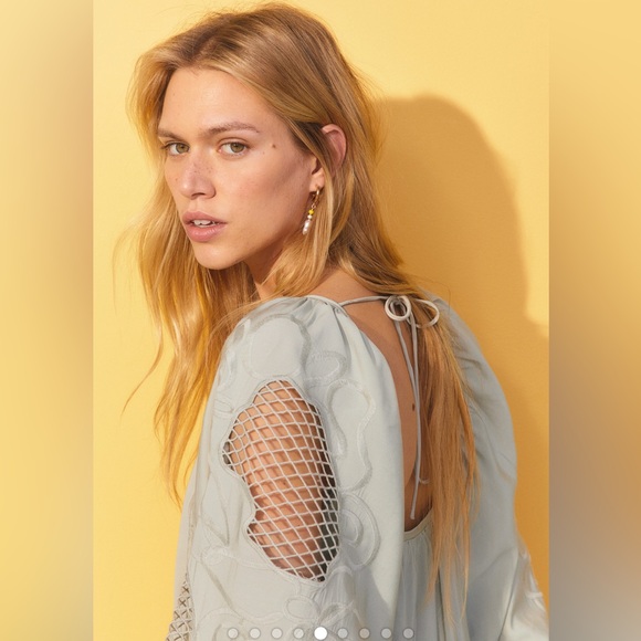 H&M Sage Green Voluminous Embroidery Lace Trimmed Full Sleeve Maxi Dress - Large - Picture 4 of 8